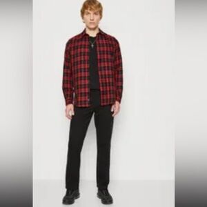 Hawker Rye Slim Fit Men’s Shirt Small Red Black Plaid 100% Cotton Long Sleeve